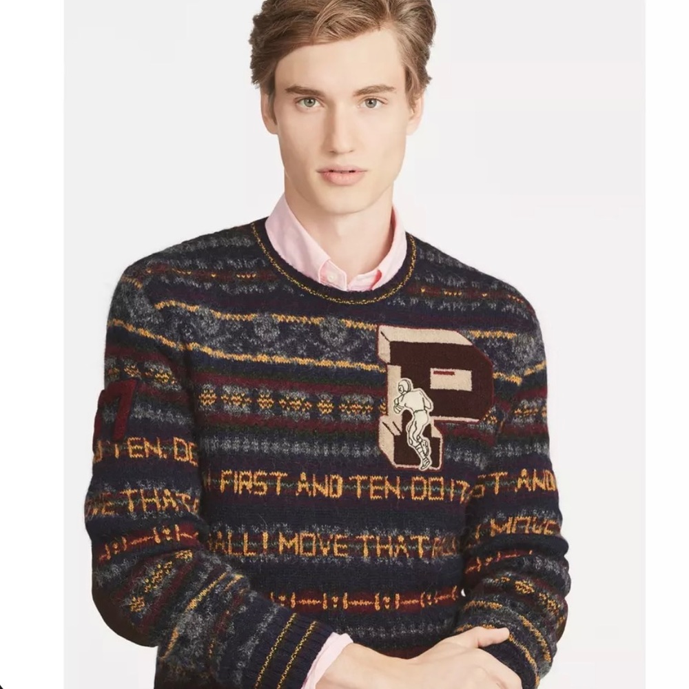 Polo Ralph Lauren Men 3XB Wool Suede Fair Isle Varsity Letterman P Patch Sweater
